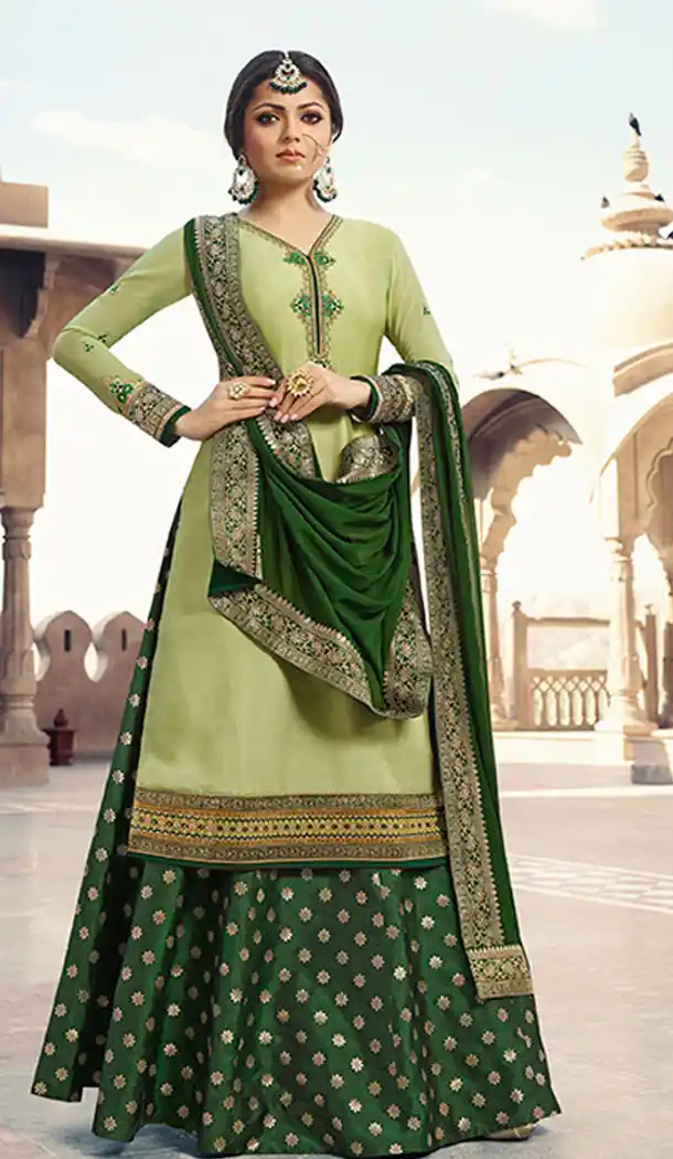 Light Green Color Satin Georgette Tv Actress Drashti Dhami Lehenga Suit - 64424635