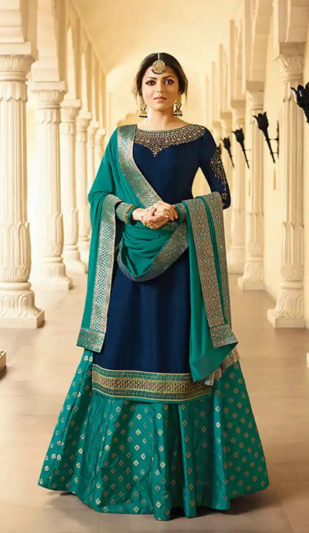 Navy Blue Color Satin Georgette Tv Actress Drashti Dhami Lehenga Suit - 64424636