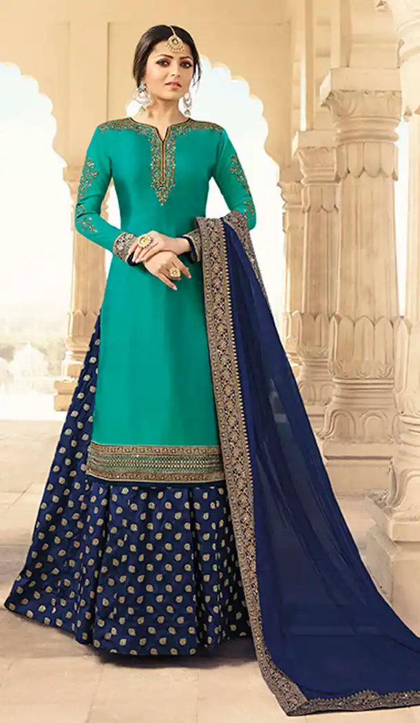 Turquoise Blue Color Satin Georgette Tv Actress Drashti Dhami Lehenga Suit - 64424638