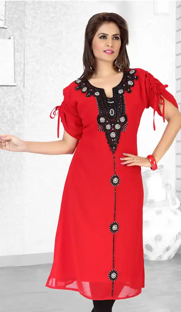 Red Color Faux Georgette Designer Readymade Kurtis - 501961585