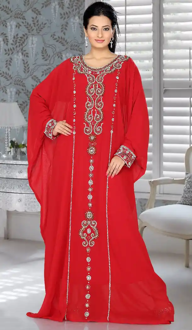 Aesthetic Red Color Faux Georgette Designer Readymade Farasha Dress - 501961587