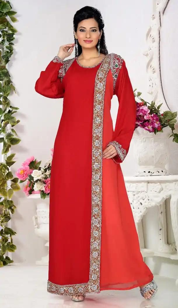 Red And Tomato Red Color Faux Georgette Designer Readymade Kaftan Dress - 501961590