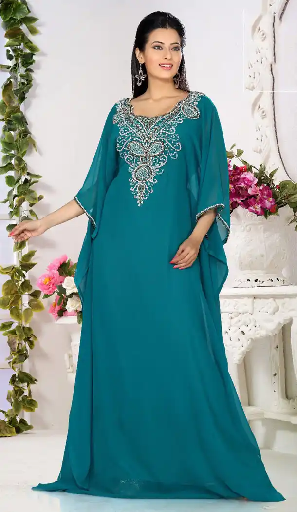 Turquoise Blue Color Faux Georgette Designer Readymade Farasha Dress - 501961591