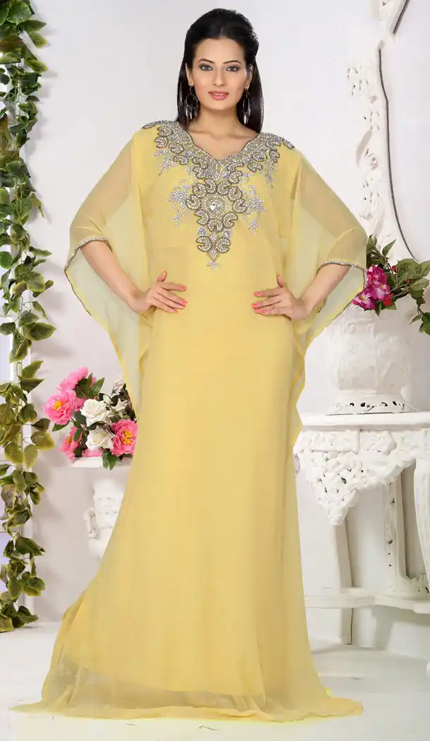 Light Yellow Color Faux Georgette Designer Readymade Farasha Dress - 501961594