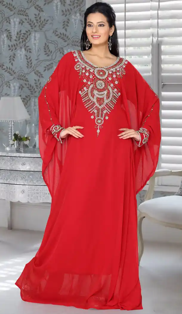 Gleaming Red Color Faux Georgette Designer Readymade Farasha Dress - 501961597