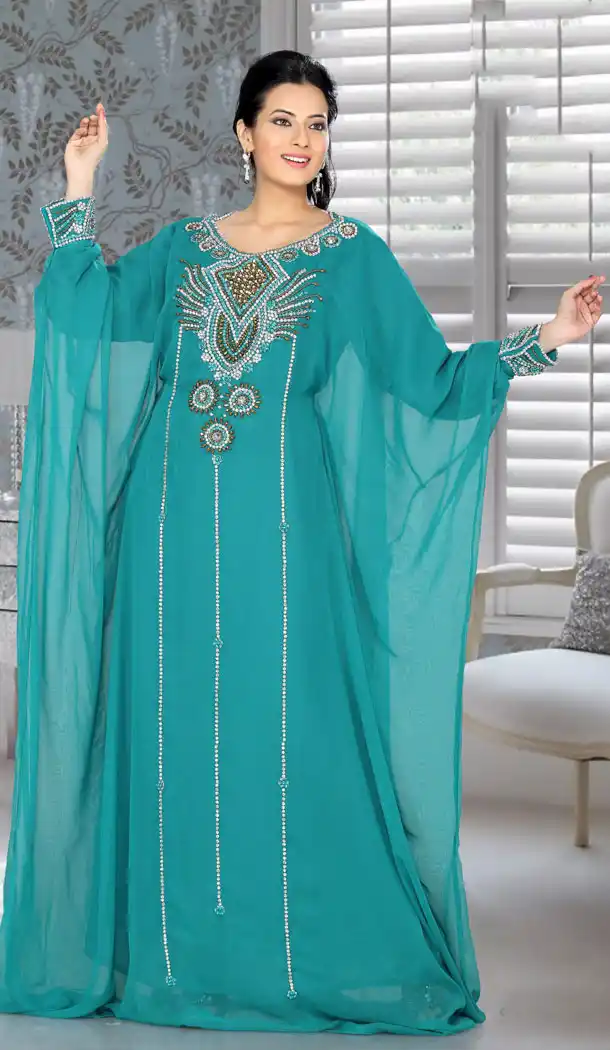 Turquoise Blue Color Faux Georgette Designer Readymade Farasha Dress - 501961598