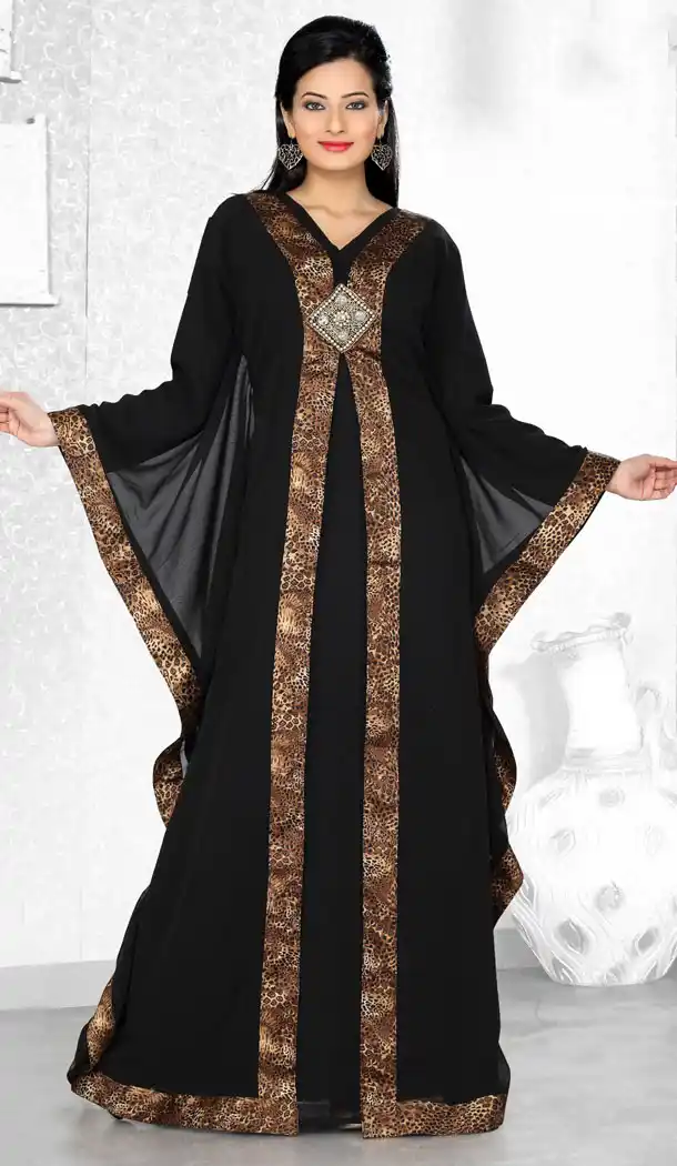 Black With Cheetah Print Color Faux Georgette Designer Readymade Farasha Dress