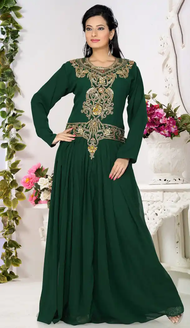 Bottle Green Color Faux Georgette Designer Readymade Kaftan Dress - 501961607