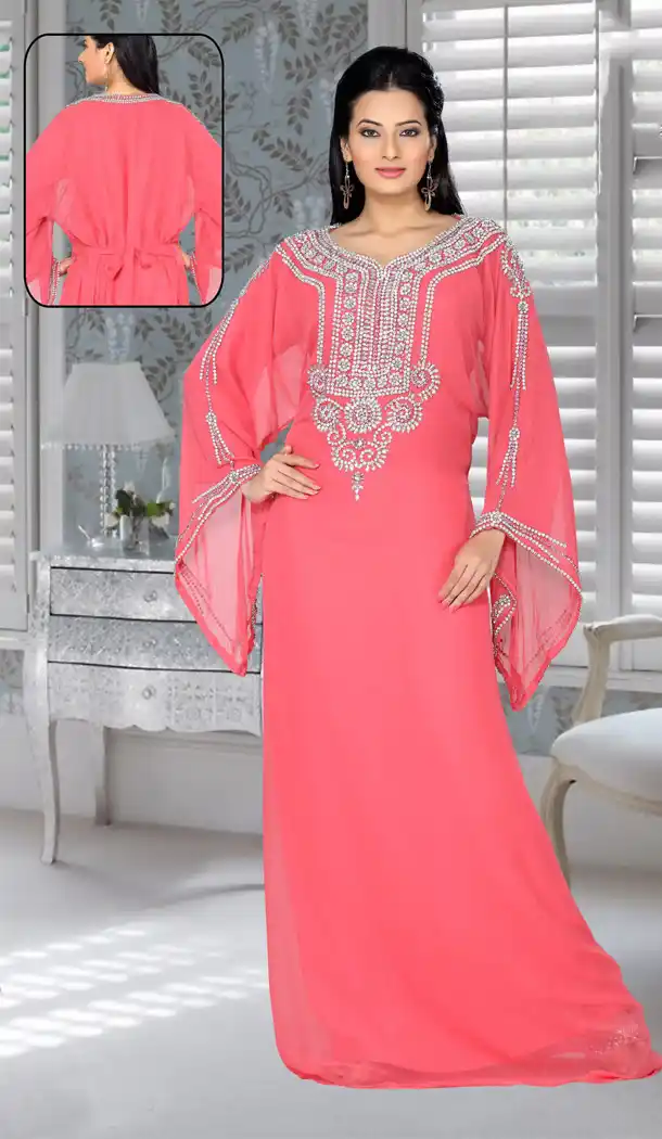 Gleaming Peach Color Faux Georgette Designer Readymade Kaftan Dress - 501961608
