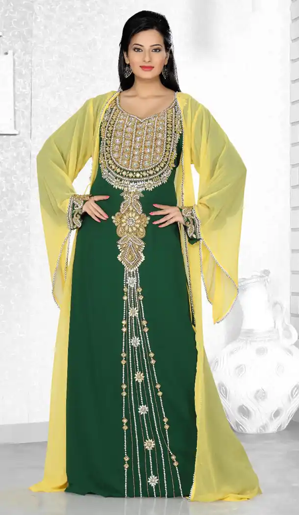 Yellow And Bottle Green Color Faux Georgette Designer Readymade Kaftan Dress - 501961609