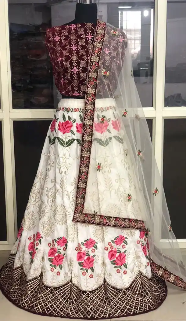 Pretty White Naylon Silk And Velvet Embroidery Work Bridal Wear Circular Lehenga Choli - FHBF157