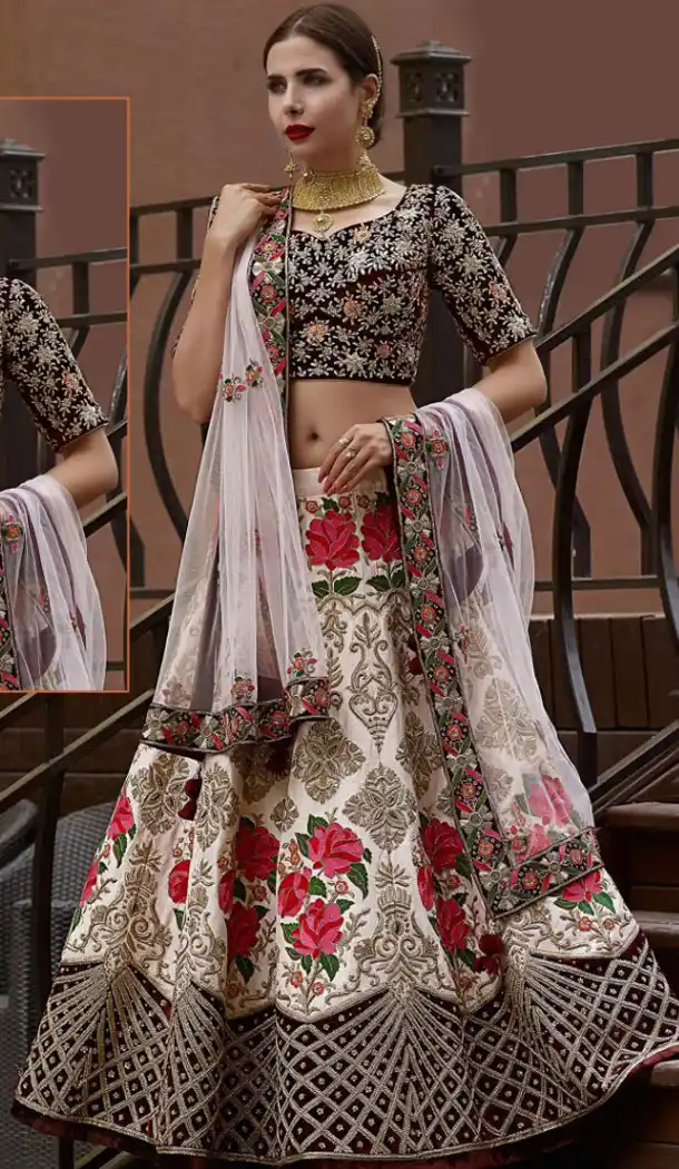 Pretty White Naylon Silk And Velvet Embroidery Work Bridal Wear Circular Lehenga Choli - FHBF157