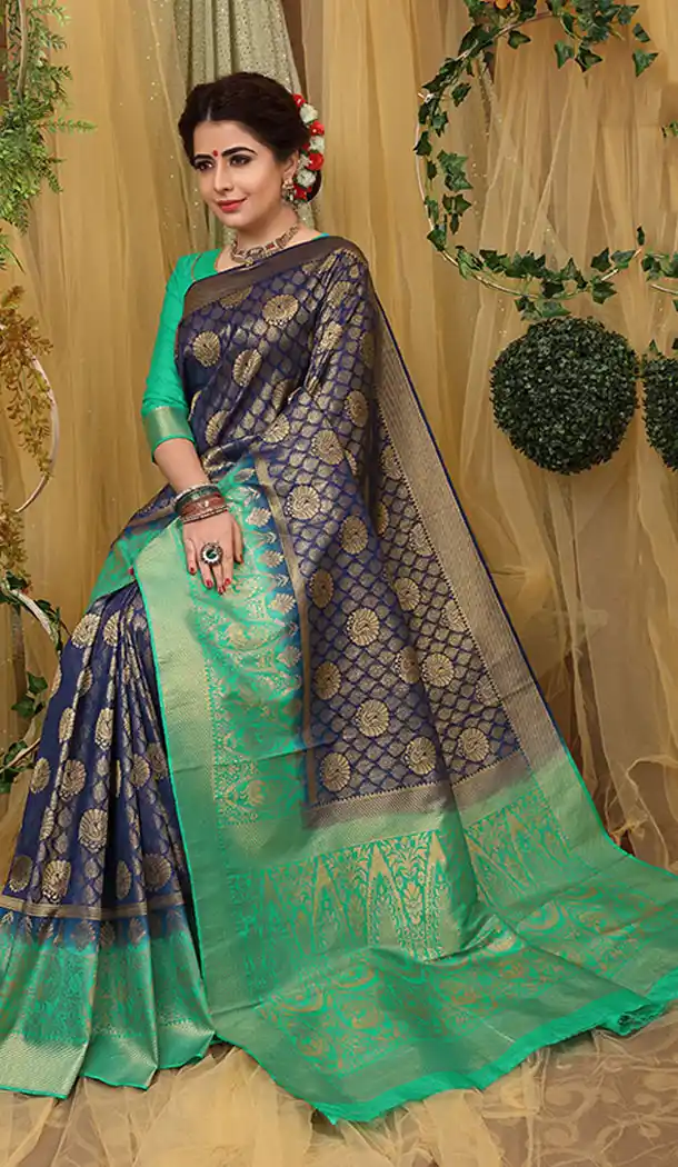 Navy Blue And Sea Green Color Jacquard Silk Traditional Wear Plus Size Saree Blouse - 64334518