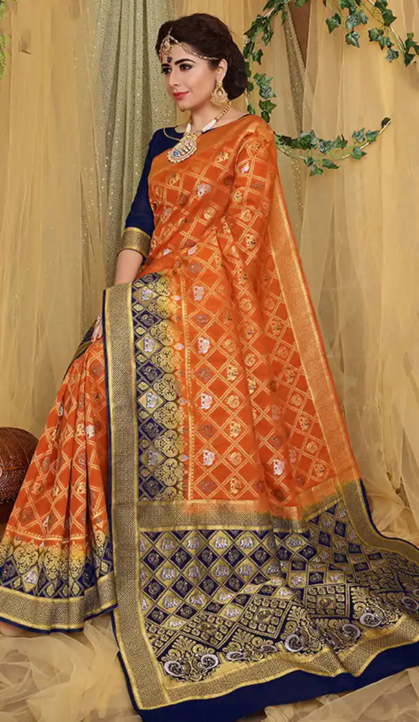 Orange Color Jacquard Silk Traditional Wear Plus Size Saree Blouse - 64334519