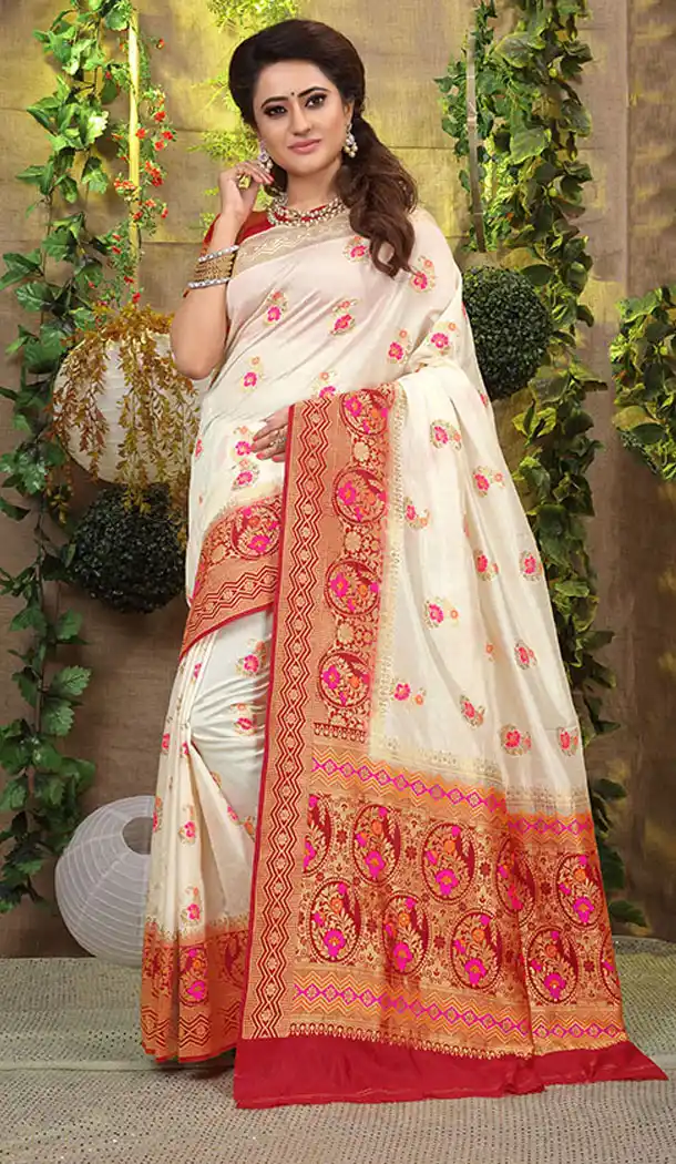 Off White Color Jacquard Silk Traditional Wear Plus Size Saree Blouse - 64334525