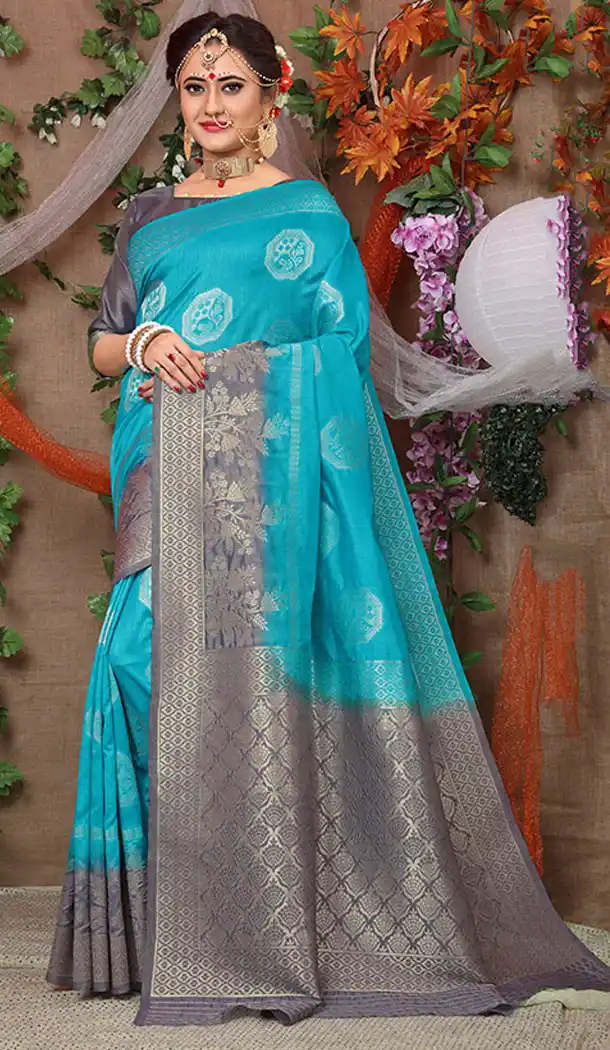 Turquoise Blue Color Jacquard Silk Traditional Wear Plus Size Saree Blouse - 64334526