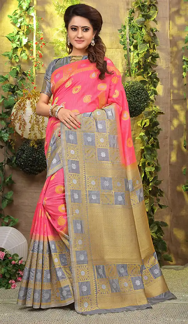Fuschia Pink And Grey Color Jacquard Silk Traditional Wear Plus Size Saree Blouse - 64334527