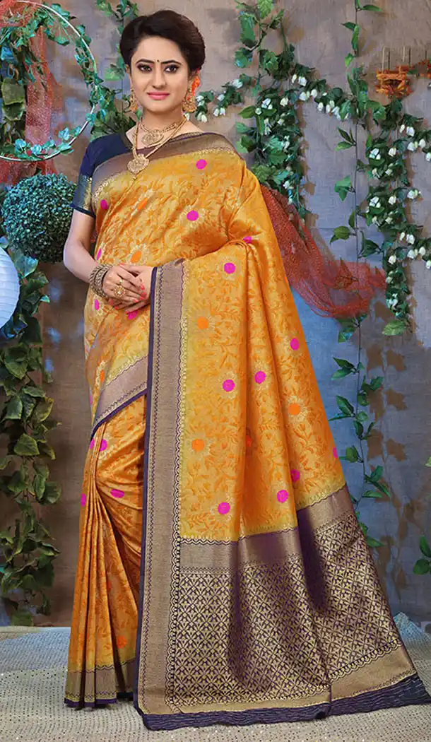 Musturd Yellow Color Jacquard Silk Traditional Wear Plus Size Saree Blouse - 64334527