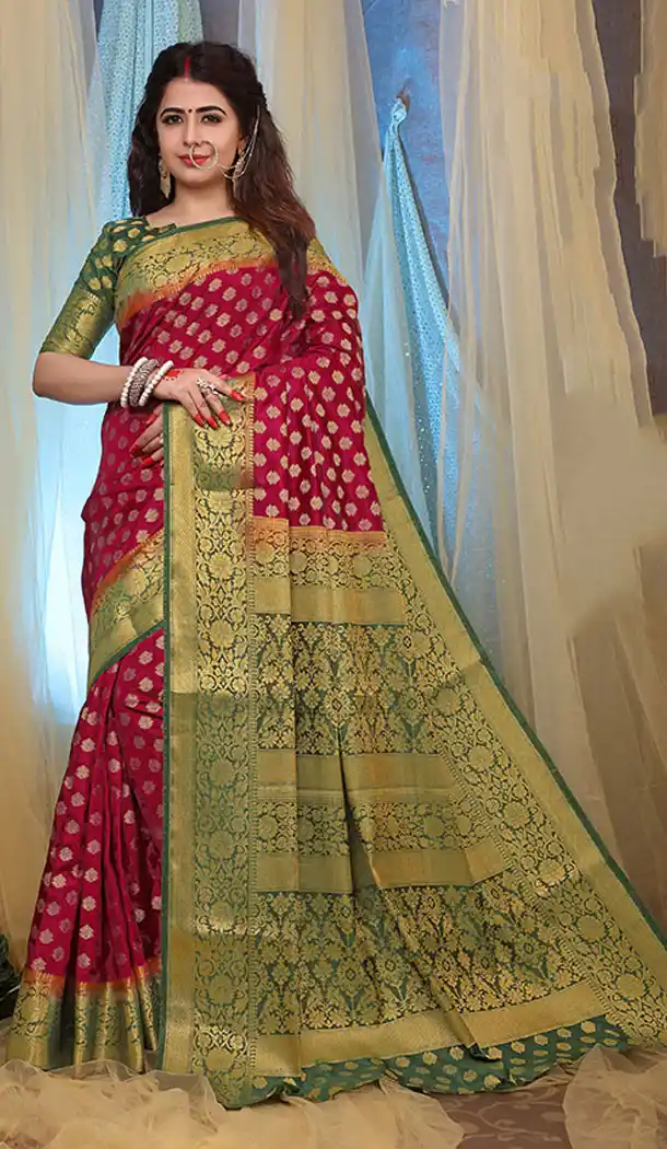 Maroon And Olive Green Color Jacquard Silk Traditional Wear Plus Size Saree Blouse - 64334533