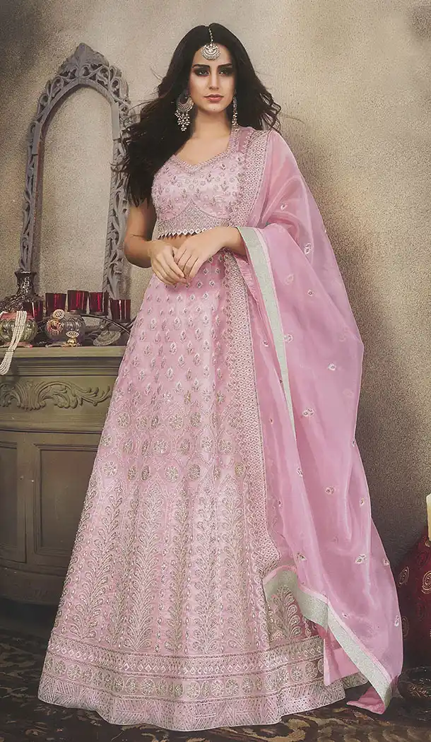 Powder Pink Color Organza Designer Wear Women Lehenga Choli - 64474678
