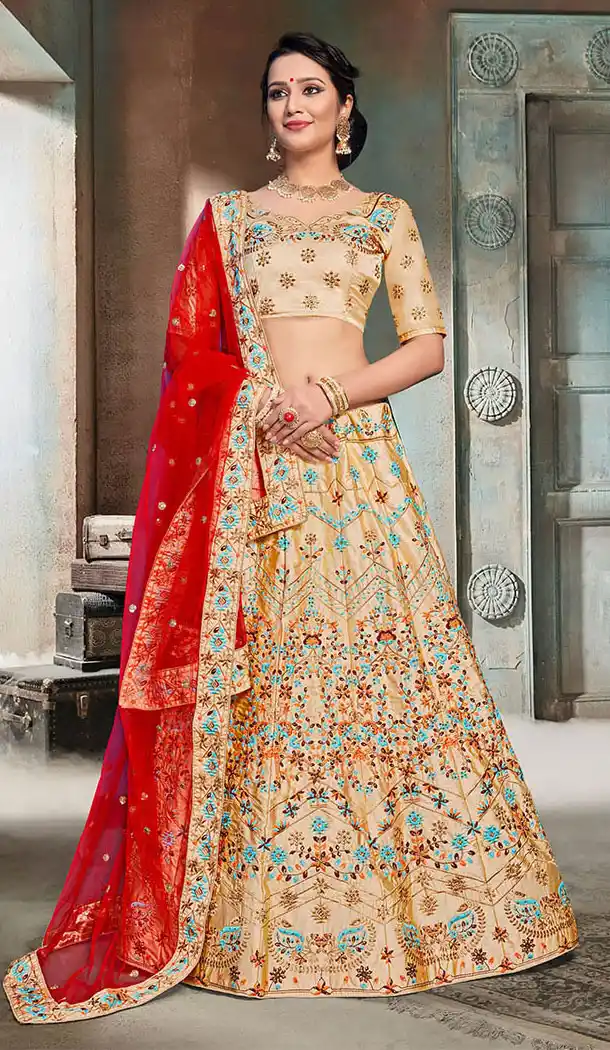 Trendsetter Beige Color Nylon Satin Designer Wear Women Lehenga Choli - 64484682