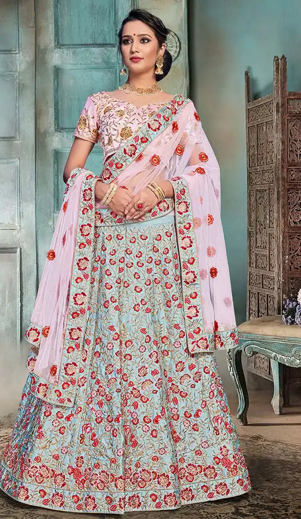 Aqua Blue Color Nylon Satin Designer Wear Women Lehenga Choli - 64484683