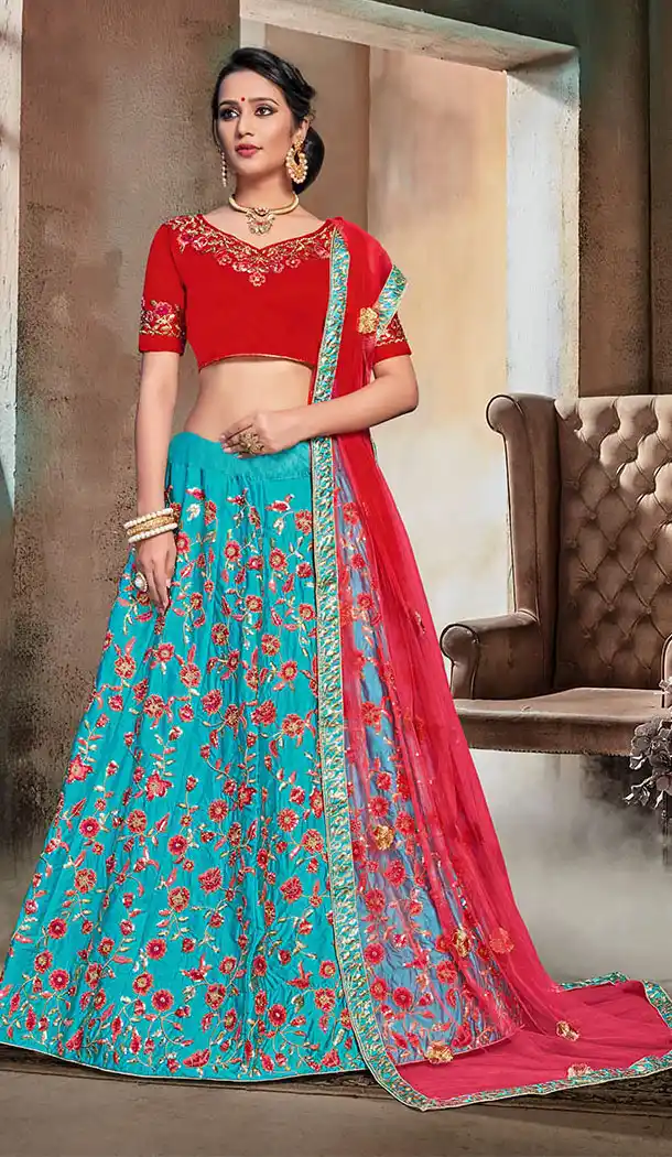 Blue Color Nylon Satin Designer Wear Women Lehenga Choli - 64484684