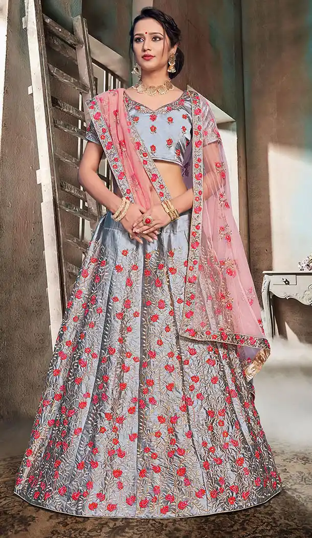 Grey Color Nylon Satin Designer Wear Women Lehenga Choli - 64484686