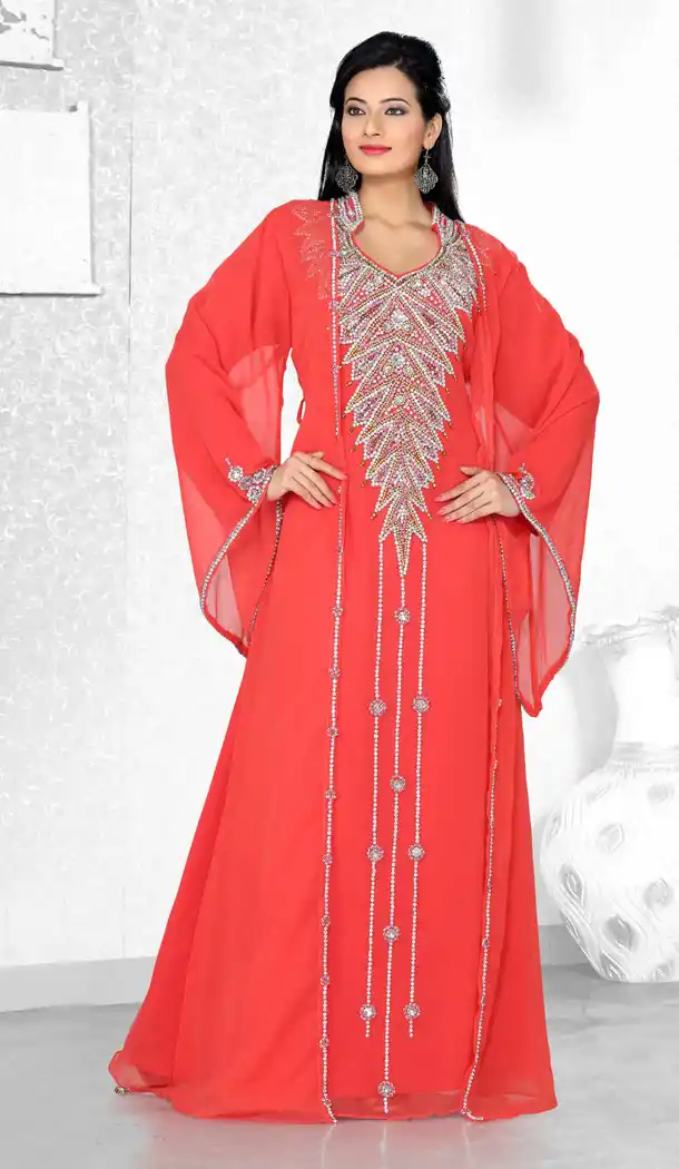 Coral Color Faux Georgette Designer Readymade Islamic Kaftan Dress - 502061619