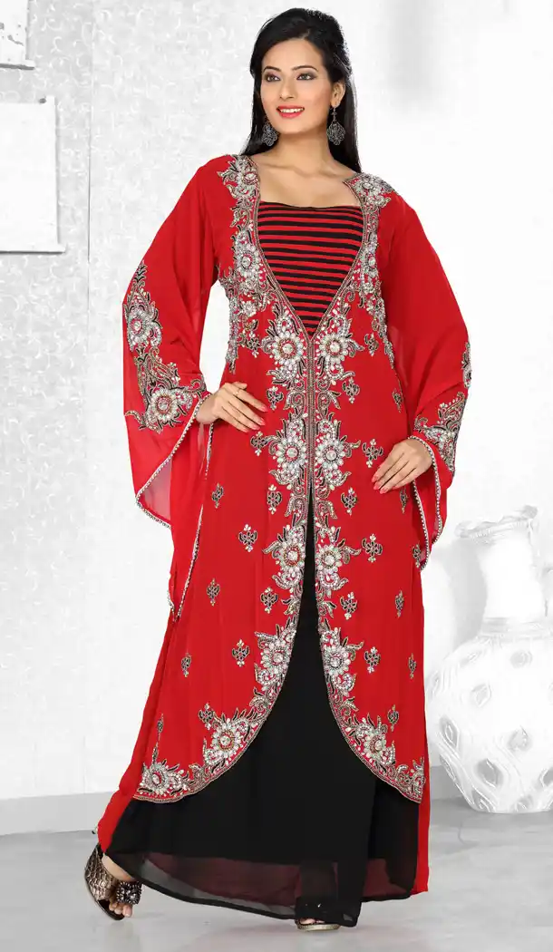 Red And Black Color Faux Georgette Designer Readymade Islamic Kaftan Dress - 502061620