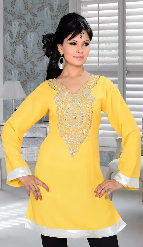 Yellow Color Faux Georgette Designer Readymade Islamic Kurti - 502061631