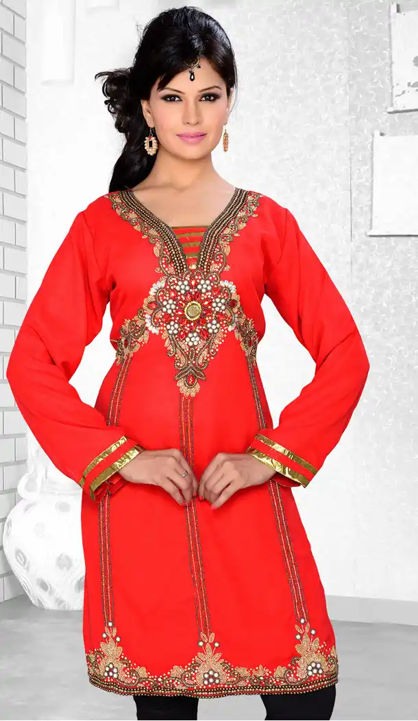 Red Color Faux Georgette Designer Readymade Islamic Kurti - 502061640