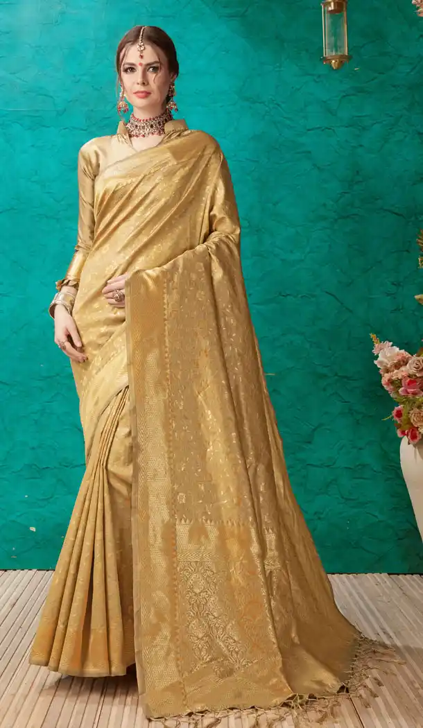Golden Color Banarasi Silk Casual Office Wear Saree Blouse - 504761917