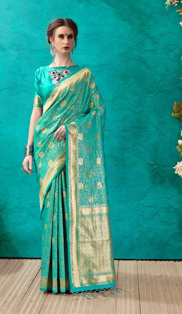 Aqua Color Banarasi Silk Casual Office Wear Saree Blouse - 504761919