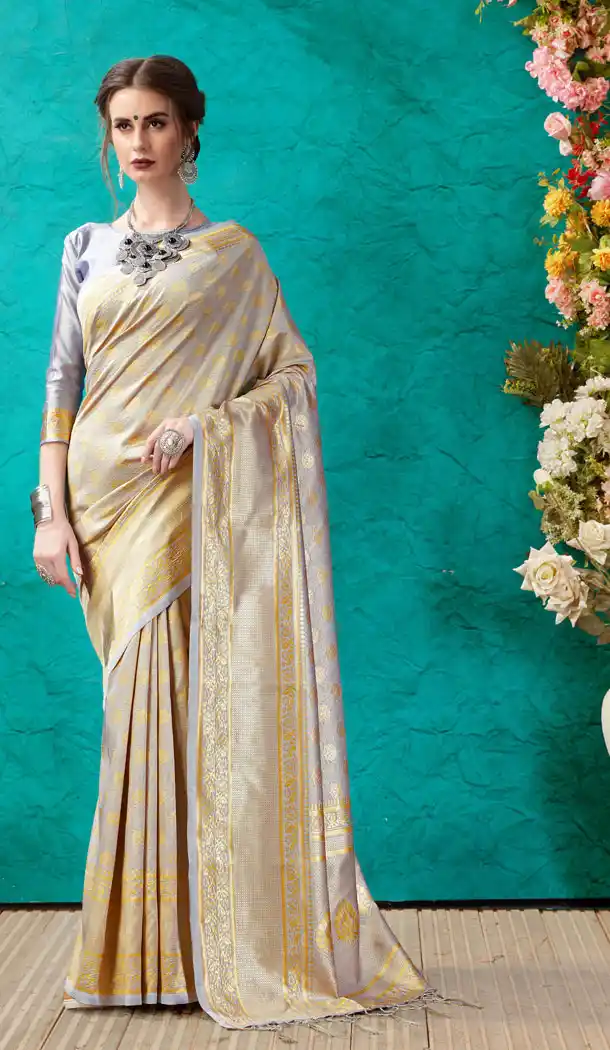 Ethnic Silver Color Banarasi Silk Casual Office Wear Saree Blouse - 504761922