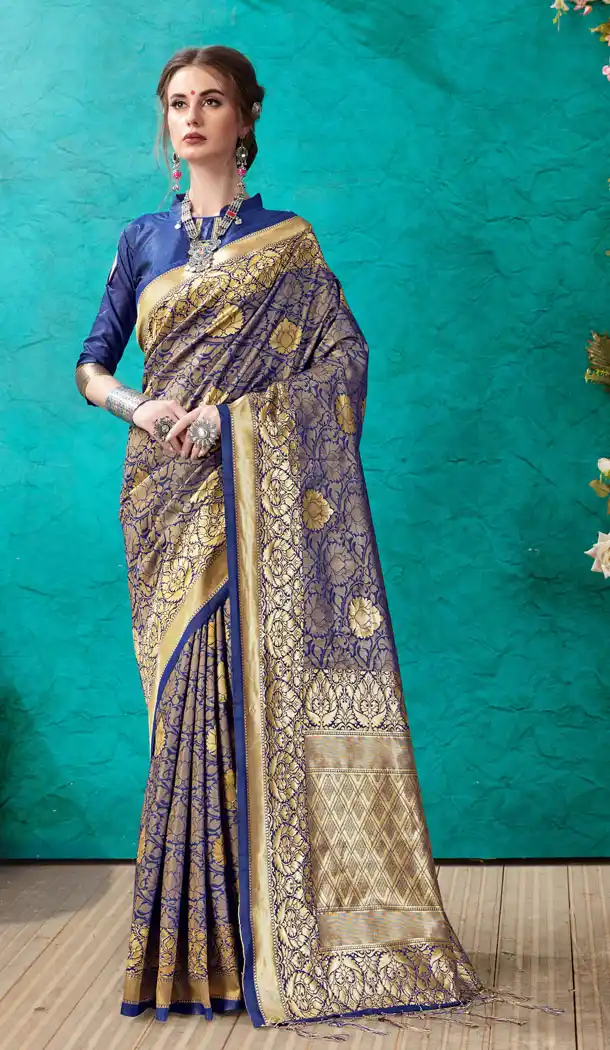 Navy Blue Color Banarasi Silk Casual Office Wear Saree Blouse - 504761922