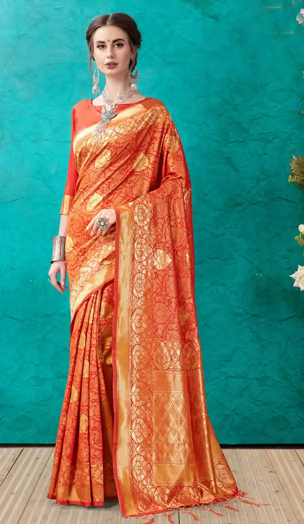 Orange Color Banarasi Silk Casual Office Wear Saree Blouse - 504761924