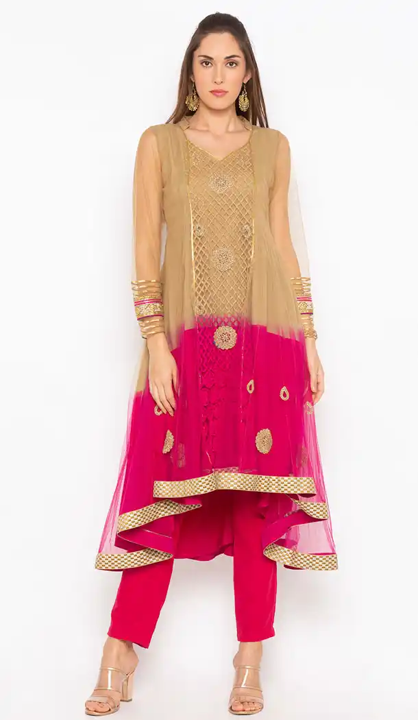 Light Brown And Pink Color Net Designer Plus Size Readymade Kurti - 513062934