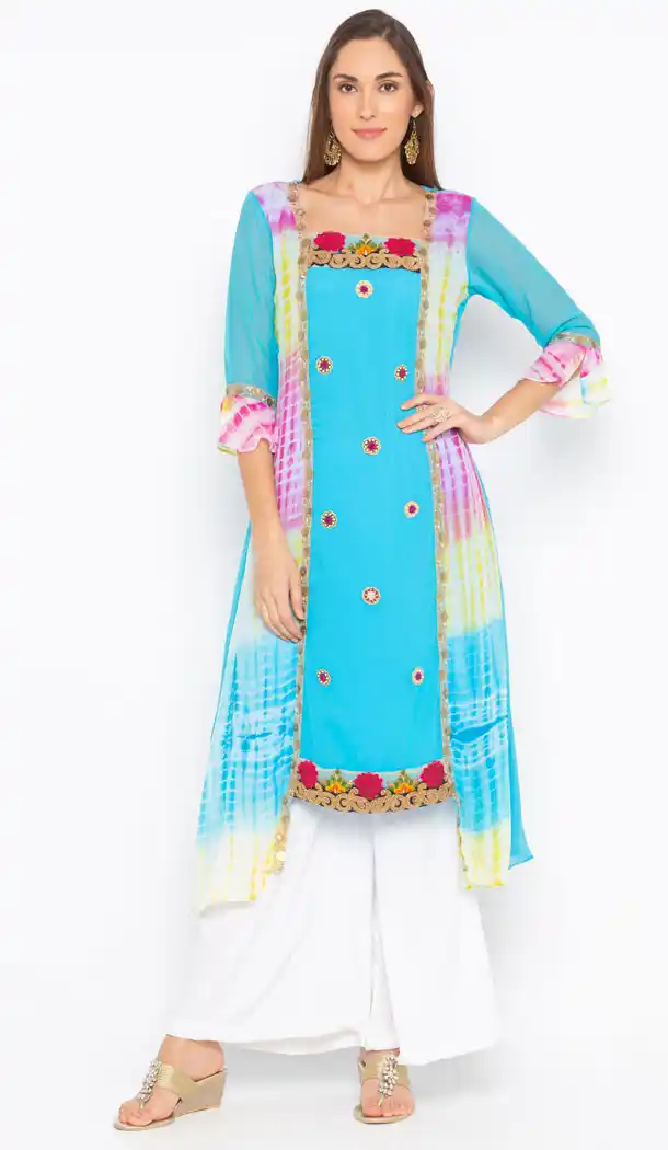 Aesthetic Blue Color Georgette Designer Plus Size Readymade Kurti - 513062940