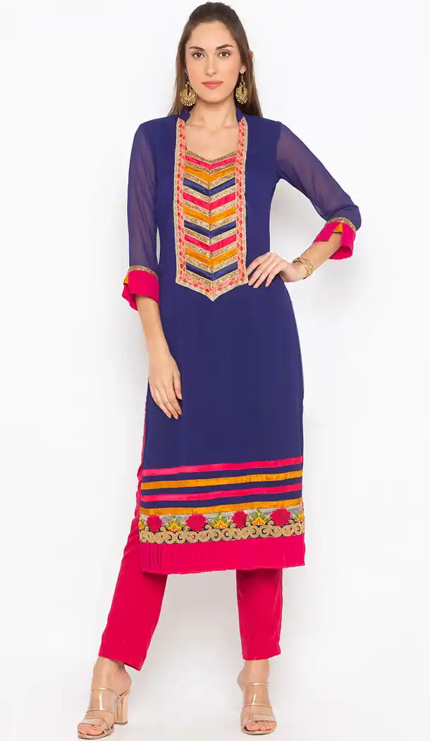 Dark Blue Color Georgette Designer Plus Size Readymade Kurti - 513062942