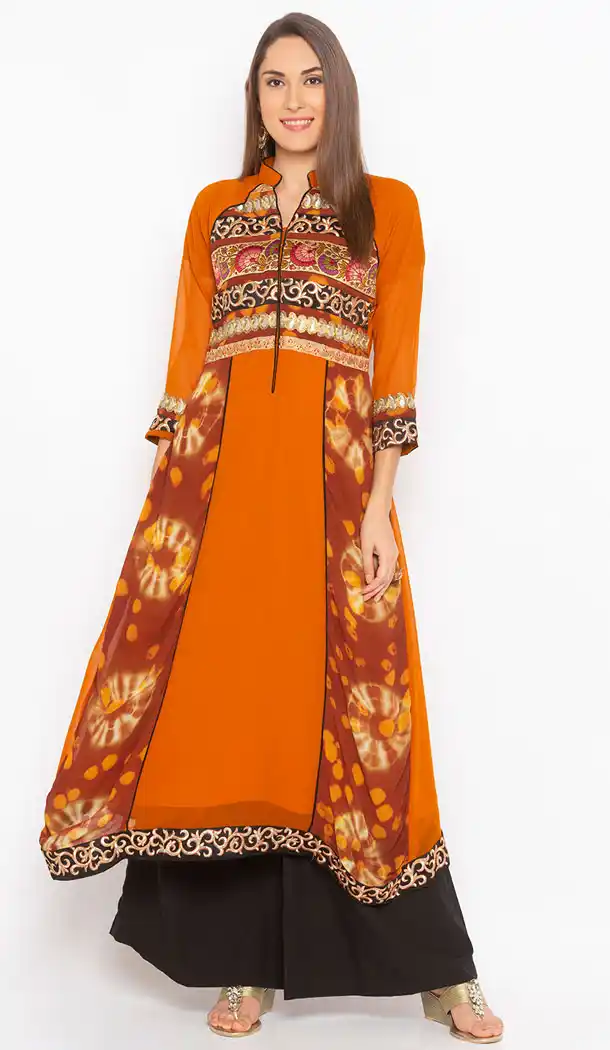 Contemporary Mustard Color Georgette Designer Plus Size Readymade Kurti - 513062947