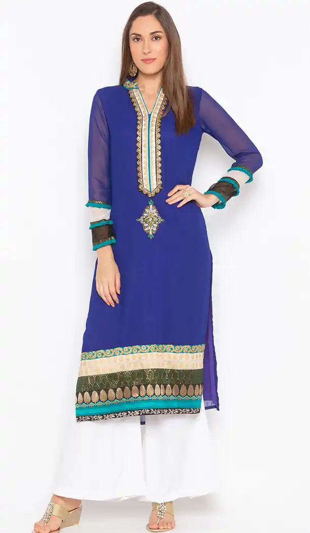 Majesty Dark Blue Color Georgette Designer Plus Size Readymade Kurti - 513062953