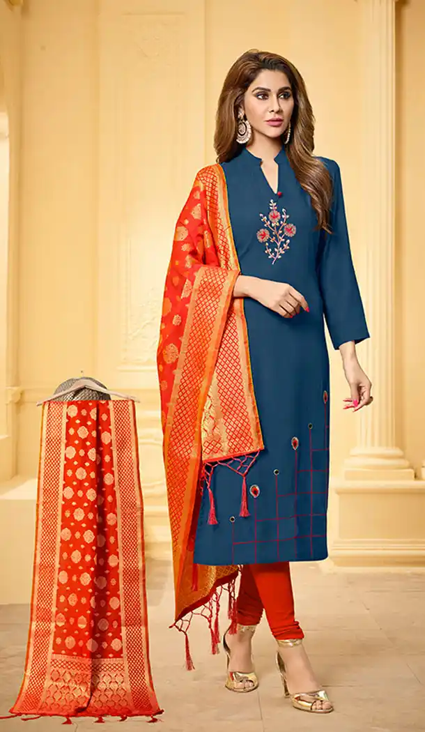 Blue Color Cotton Slub Casual Office Wear Salwar Kameez - 64614808