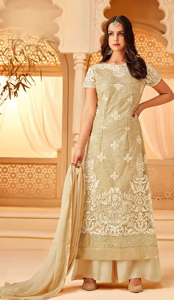 Fascinating Off White Color Net Party Wear Palazzo Salwar Kameez - 64624812