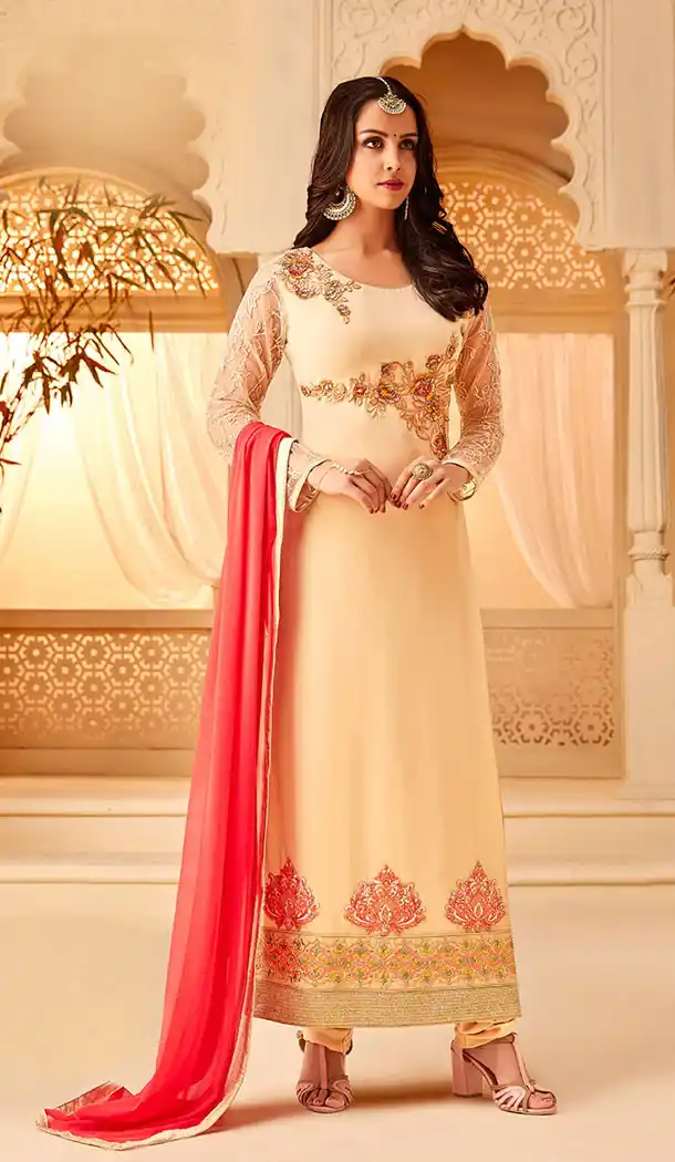 Sparkling Cream Color Georgette Party Wear Palazzo Salwar Kameez - 64624814