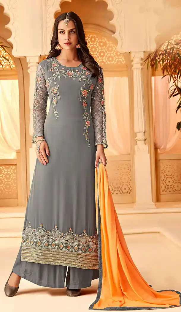 Dark Grey Color Georgette Party Wear Palazzo Salwar Kameez - 64624815