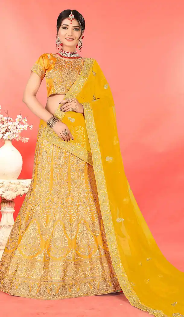 Yellow Color Silk Traditional Party Wear Plus Size Chaniya Choli - 515563174