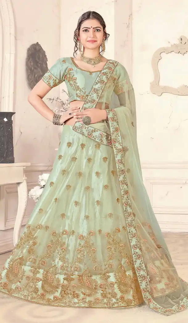 Marvelous Pista Color Net Traditional Party Wear Plus Size Chaniya Choli - 515863185