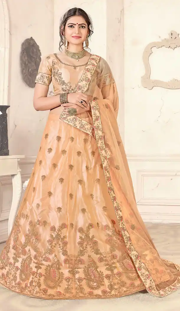 Light Orange Color Net Traditional Party Wear Plus Size Chaniya Choli - 515863187