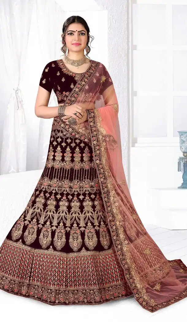 Elegant Maroon Color Velvet Traditional Designer Wear Plus Size Chaniya Choli - 515763181